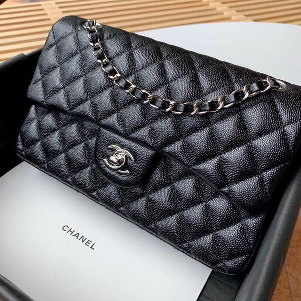 Chanel Classic Flap Bag Silver/Gold Hardware Lambskin/Caviar Leather Spring/Summer Collection Black