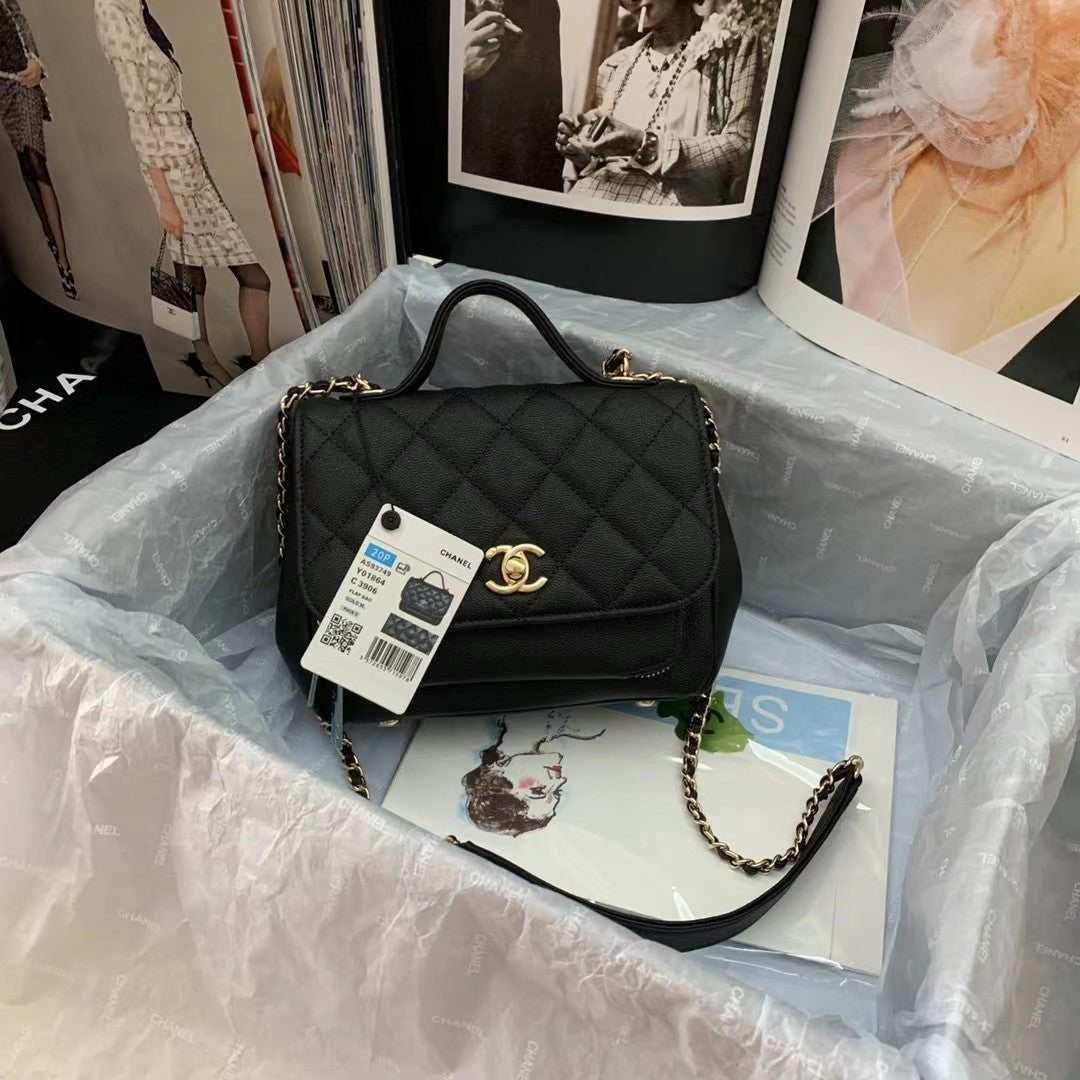 Chanel Flap Bag Top Handle With Chain 19cm Black