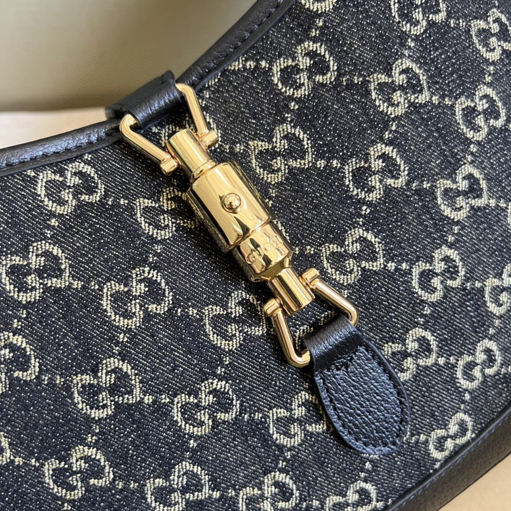 Gucci Jackie 1961 Small Shoulder Bag Black And Ivory GG Denim Jacquard For Women 11in/28cm