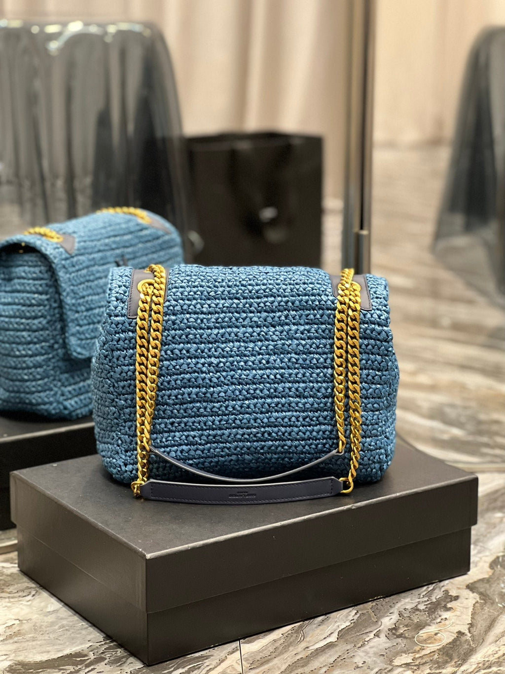 Saint Laurent Niki Medium Chain Bag In Rafia For Women 28cm Blue YSL 633187GG66W4246