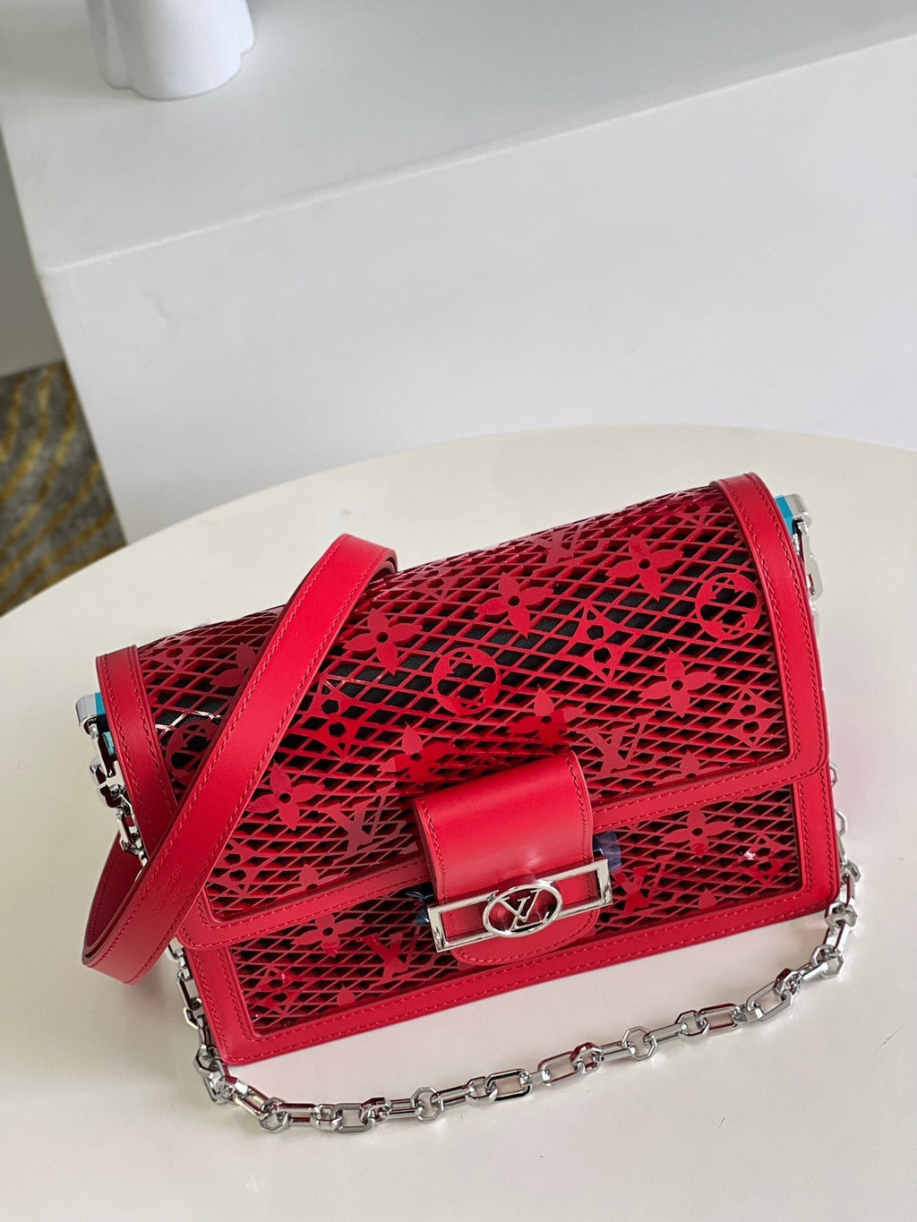 Louis Vuitton Mini Dauphine Bags By Nicolas Ghesquière With Monogram Lace Red For Women 20cm LV M20359