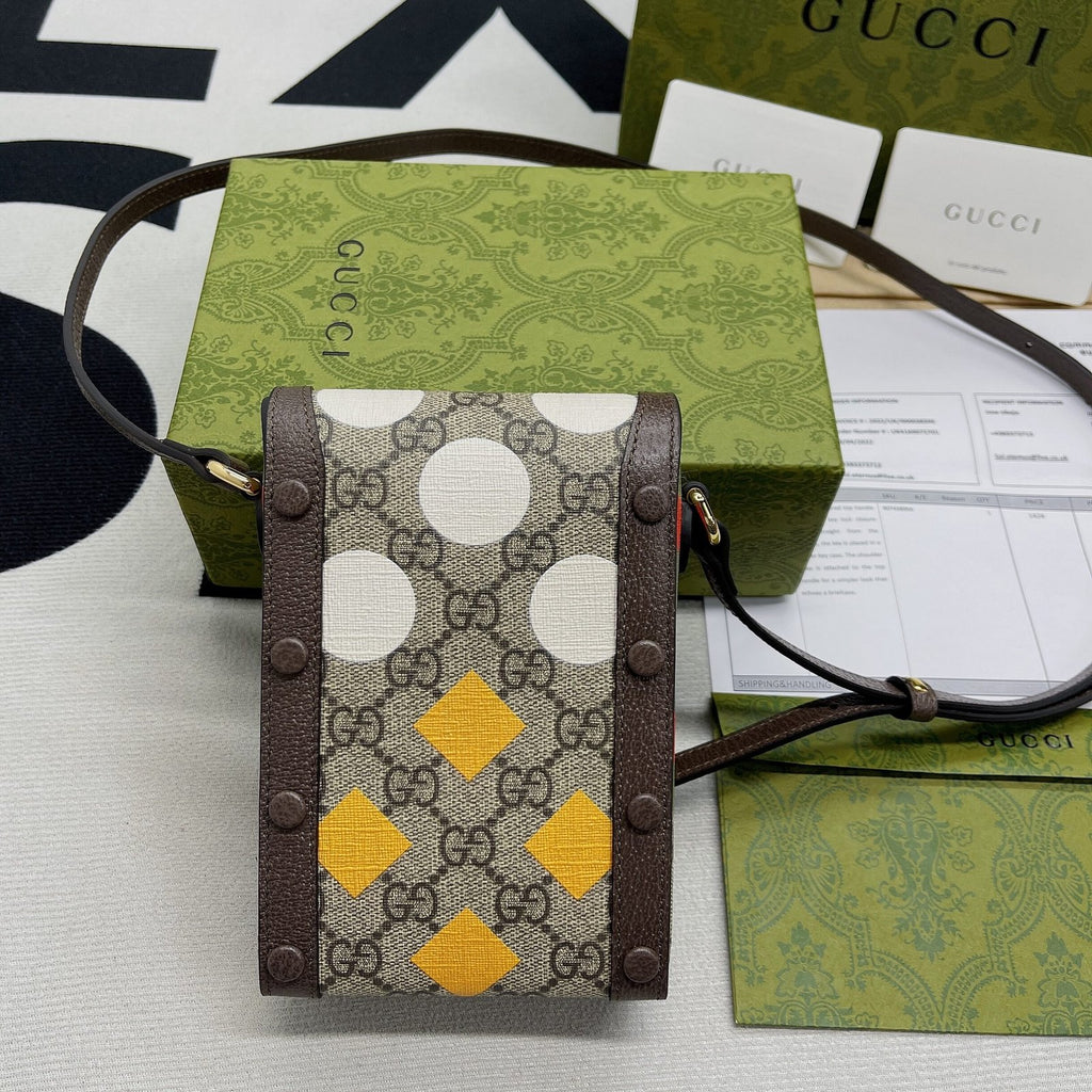 Gucci Horsebit 1955 Mini Bag Beige And Ebony GG Supreme Canvas With Geometric Print For Women 6.7in/17cm