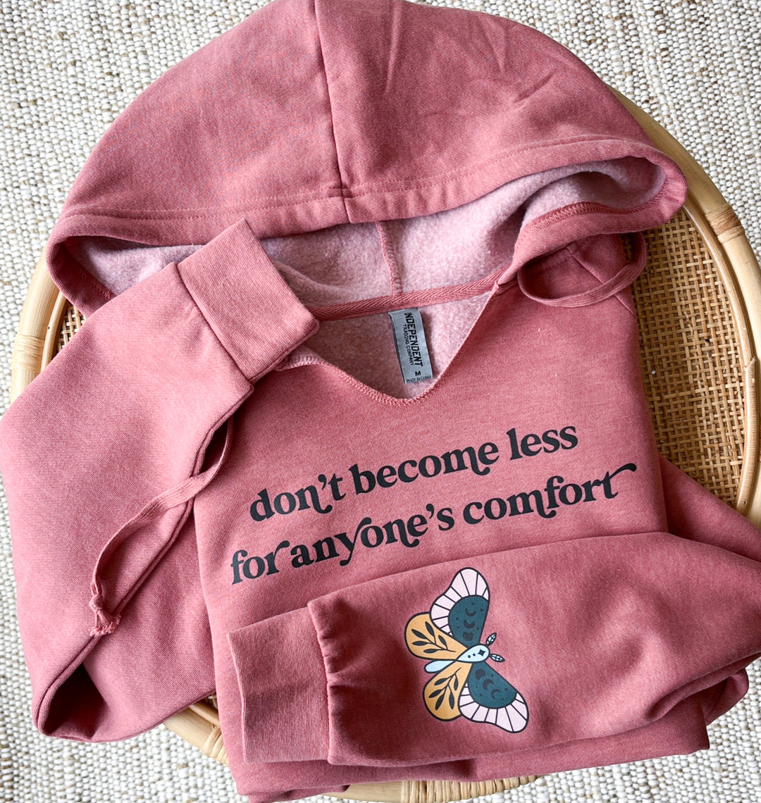 Don't Become Less + Moon Phase Moth V-Neck Hoodie