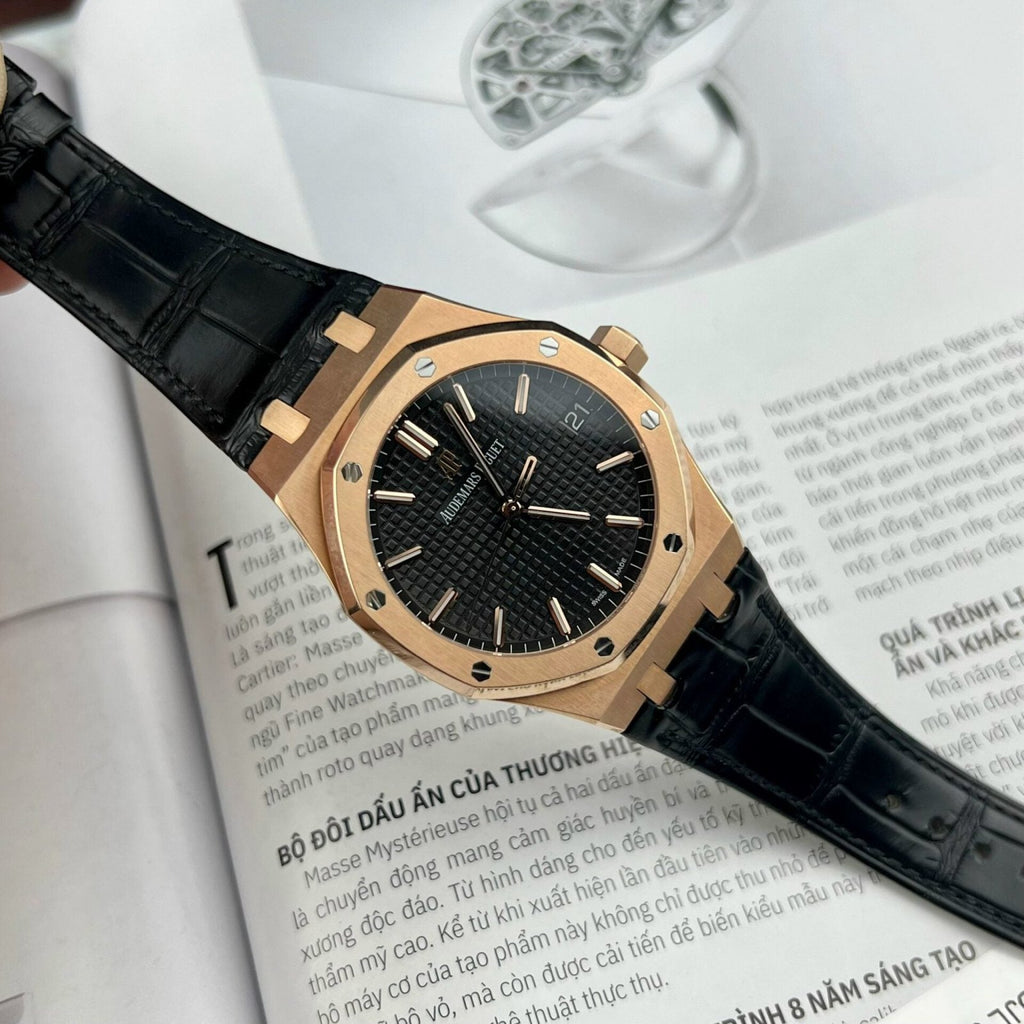 Audemars Piguet Royal Oak 15500OR Watch Rose Gold Wrapped Black Leather Strap 41mm