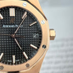Audemars Piguet Royal Oak 15500OR Watch Rose Gold Wrapped Black Leather Strap 41mm