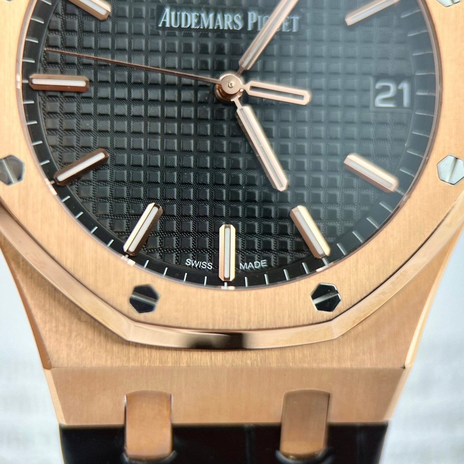 Audemars Piguet Royal Oak 15500OR Watch Rose Gold Wrapped Black Leather Strap 41mm
