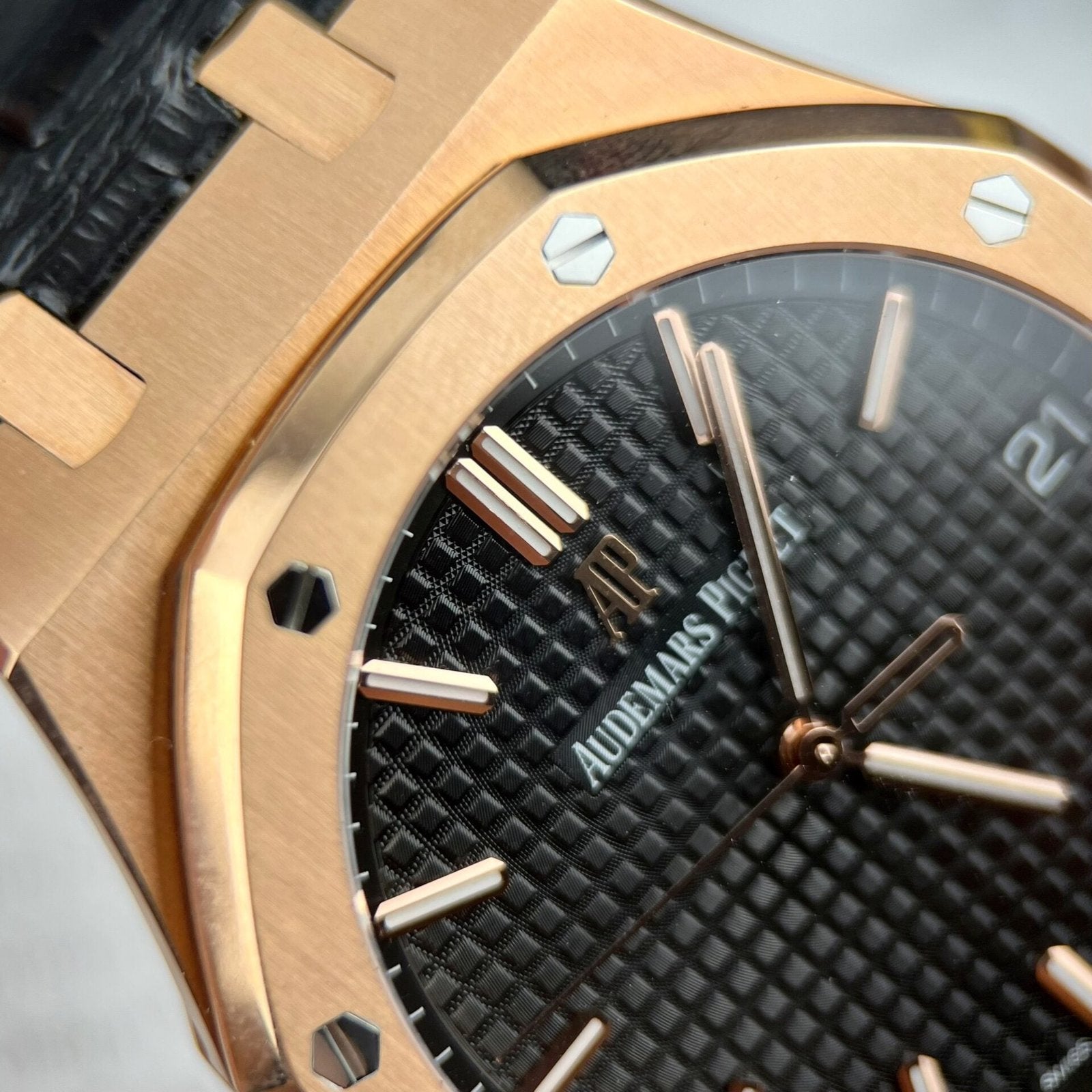 Audemars Piguet Royal Oak 15500OR Watch Rose Gold Wrapped Black Leather Strap 41mm