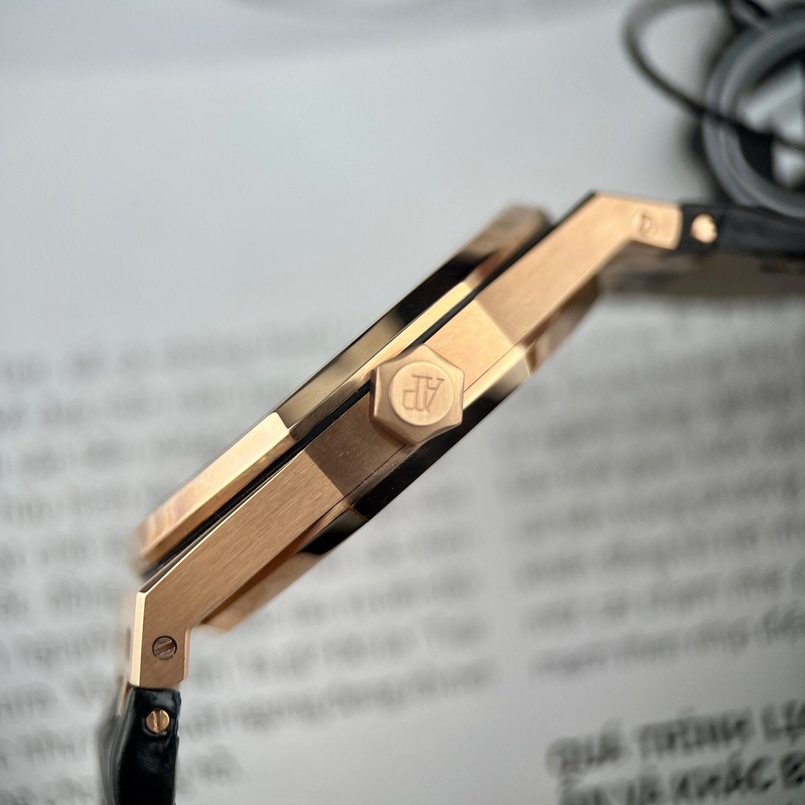 Audemars Piguet Royal Oak 15500OR Watch Rose Gold Wrapped Black Leather Strap 41mm