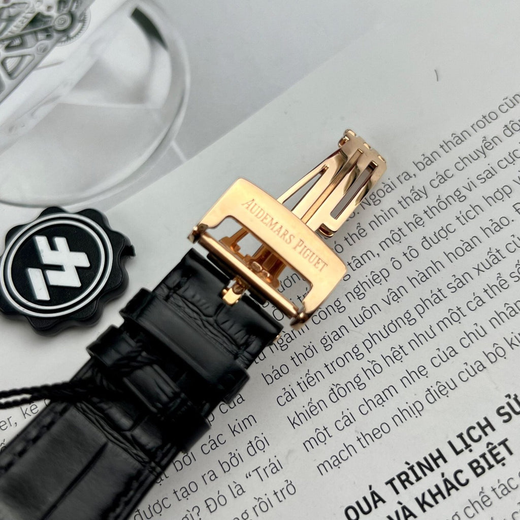 Audemars Piguet Royal Oak 15500OR Watch Rose Gold Wrapped Black Leather Strap 41mm