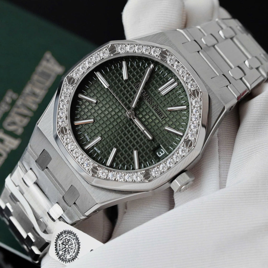 Audemars Piguet Royal Oak 15510ST Watch Green Dial Bezel Moissanite Diamonds 41mm