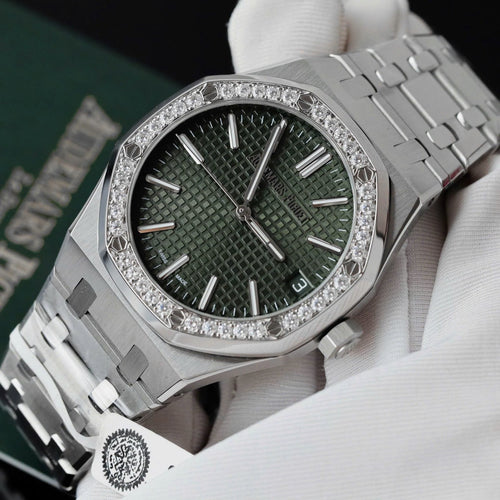 Audemars Piguet Royal Oak 15510ST Watch Green Dial Bezel Moissanite Diamonds 41mm