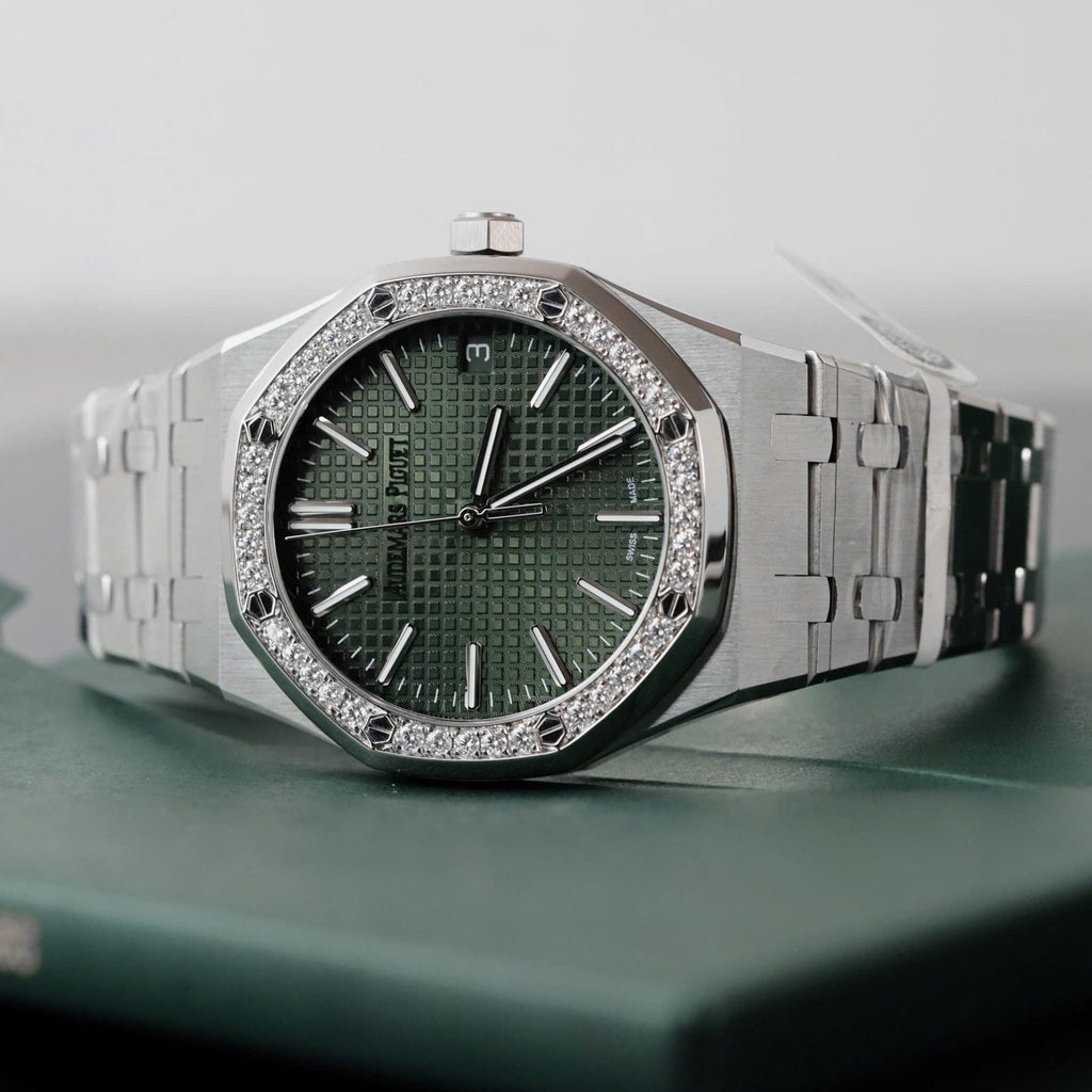 Audemars Piguet Royal Oak 15510ST Watch Green Dial Bezel Moissanite Diamonds 41mm