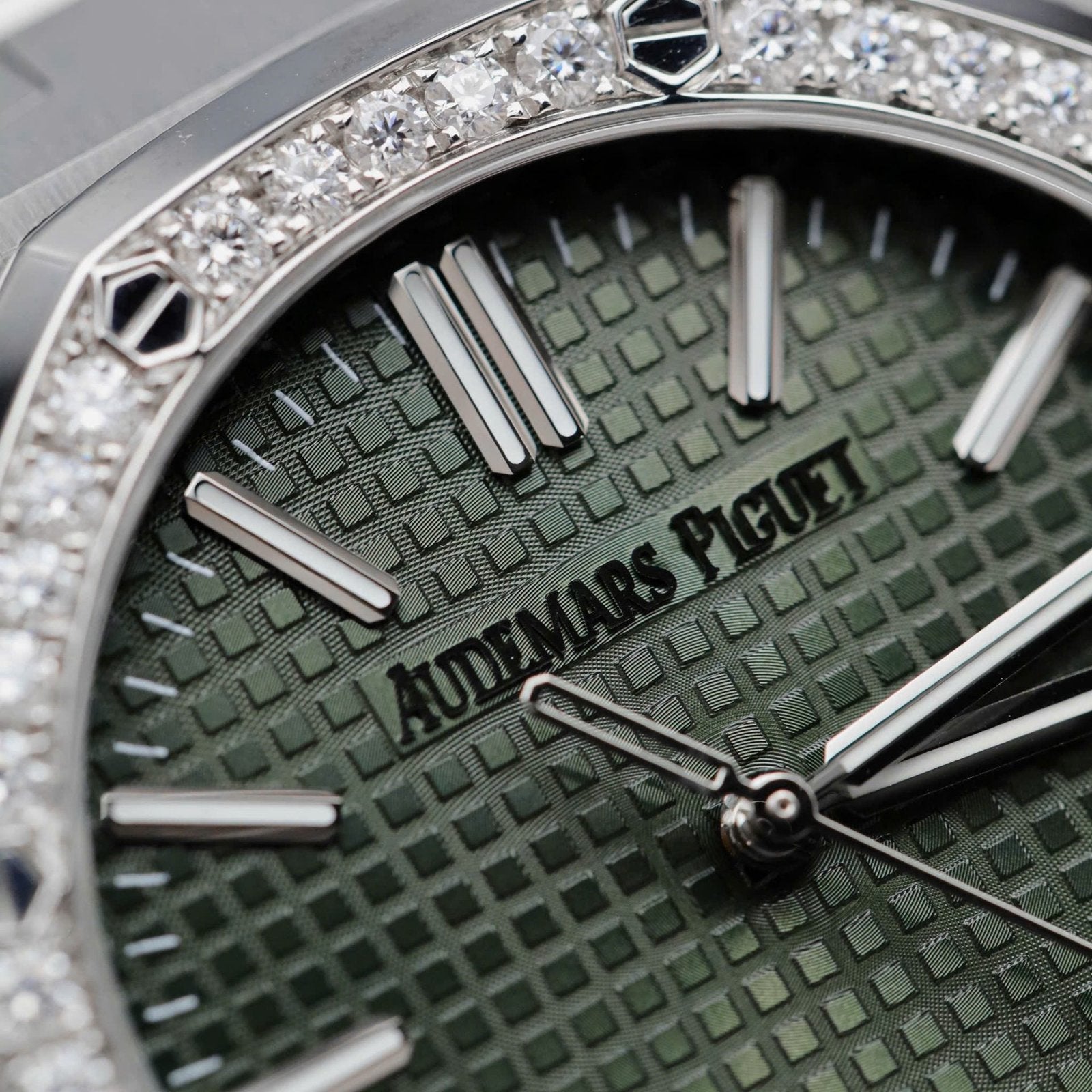 Audemars Piguet Royal Oak 15510ST Watch Green Dial Bezel Moissanite Diamonds 41mm