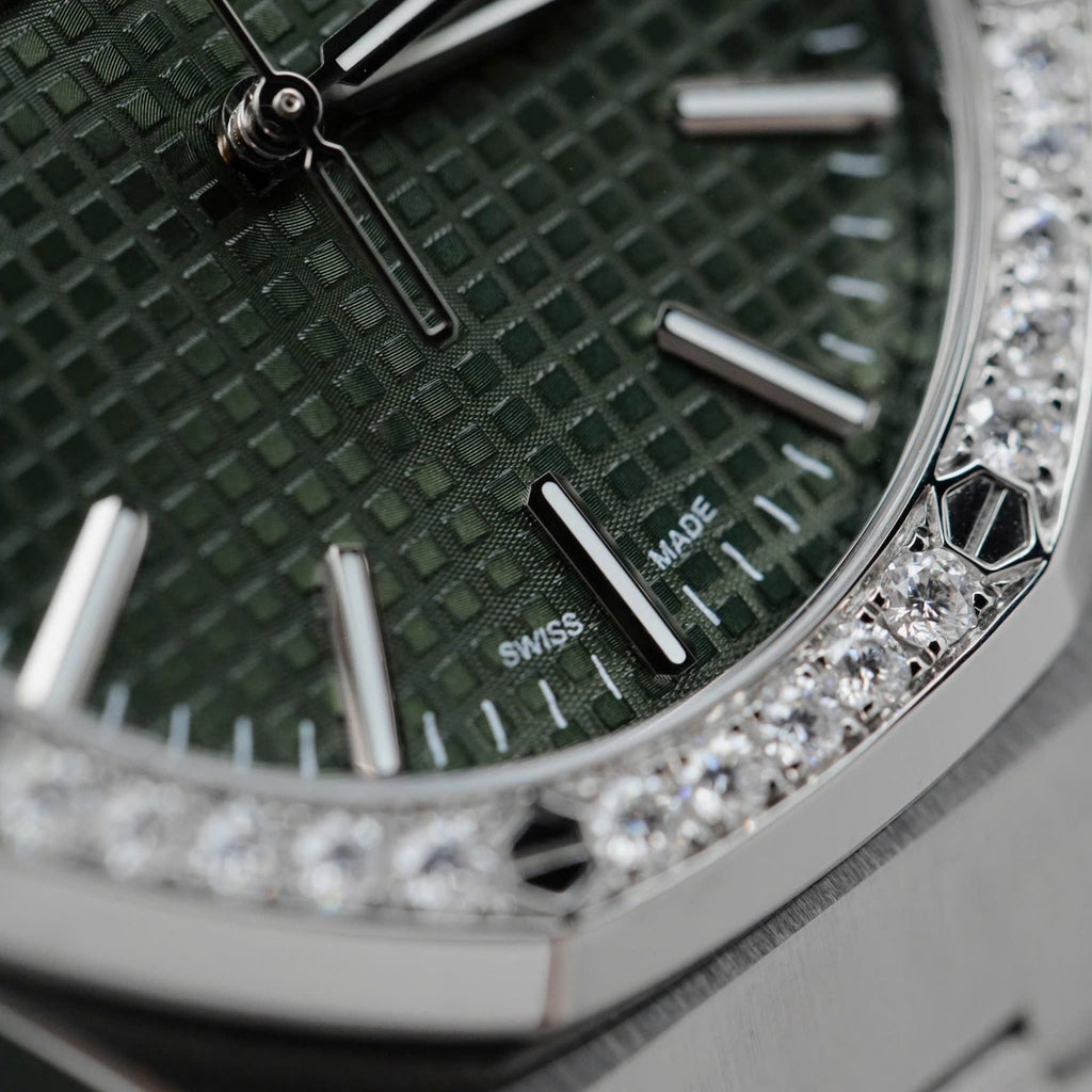 Audemars Piguet Royal Oak 15510ST Watch Green Dial Bezel Moissanite Diamonds 41mm