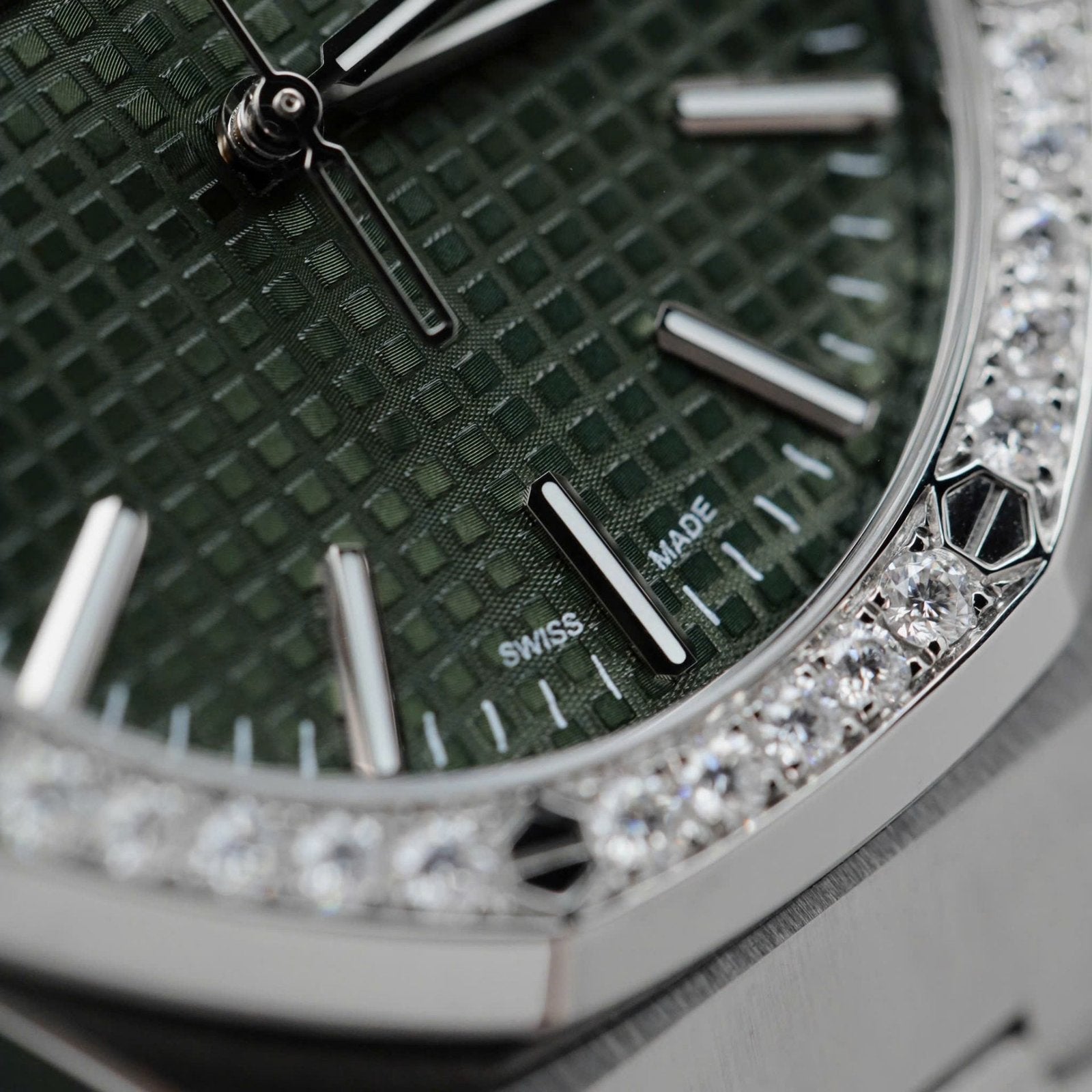 Audemars Piguet Royal Oak 15510ST Watch Green Dial Bezel Moissanite Diamonds 41mm
