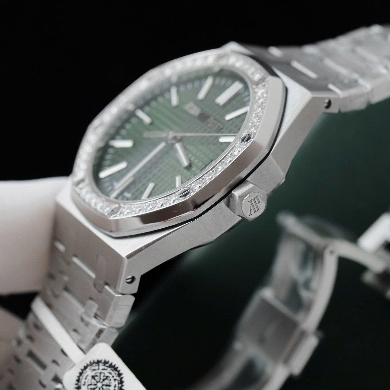 Audemars Piguet Royal Oak 15510ST Watch Green Dial Bezel Moissanite Diamonds 41mm