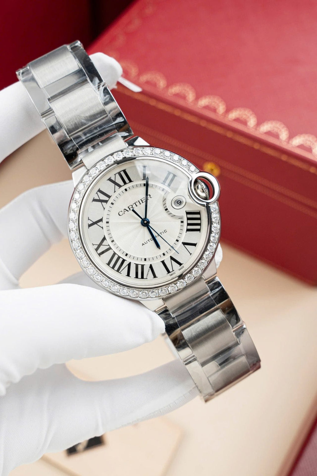 Cartier Ballon Bleu WE9009Z3 White Dial Watch Bezel Diamond Moissanite 42mm