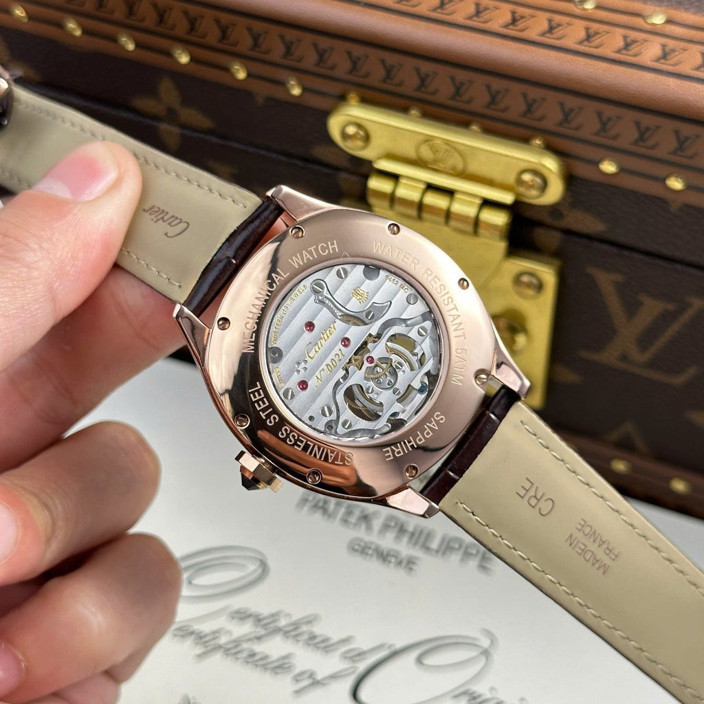 Cartier Drive Tourbillon Watch Dial Guiloche Motif Leather Strap 41mm