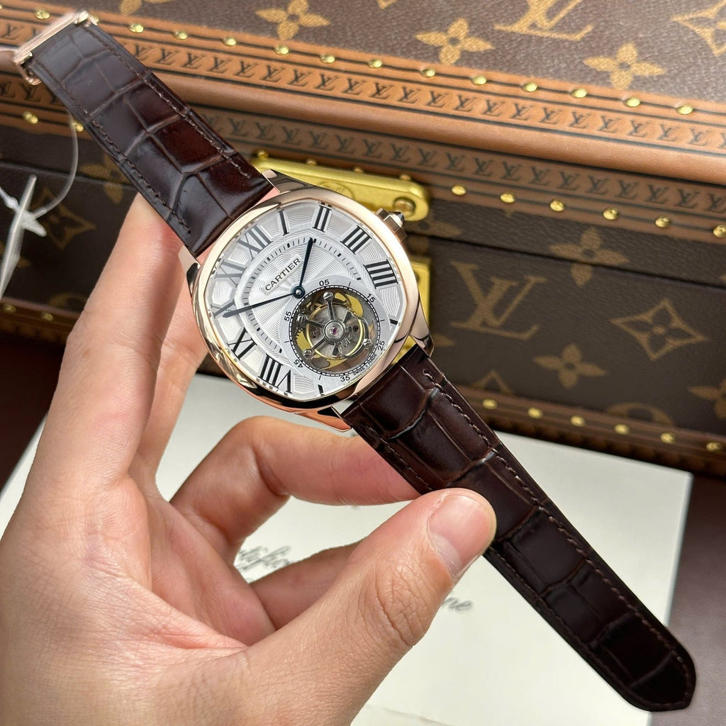 Cartier Drive Tourbillon Watch Dial Guiloche Motif Leather Strap 41mm