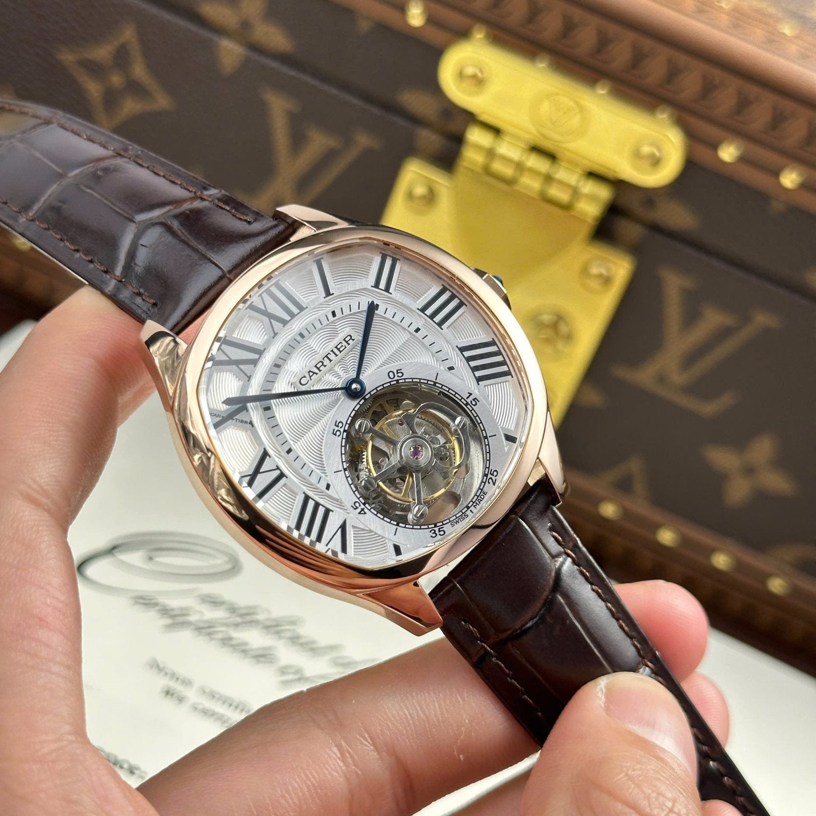 Cartier Drive Tourbillon Watch Dial Guiloche Motif Leather Strap 41mm