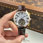 Cartier Drive Tourbillon Watch Dial Guiloche Motif Leather Strap 41mm