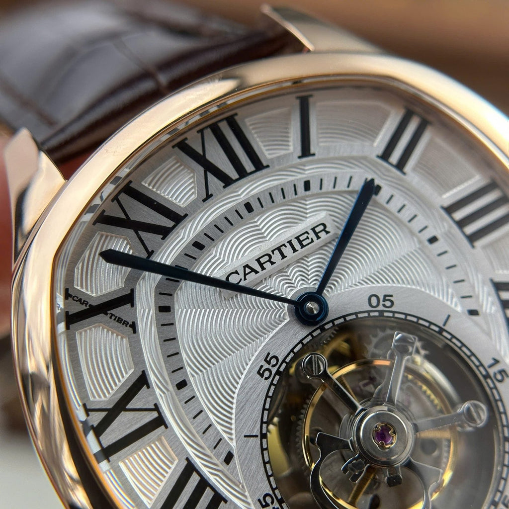 Cartier Drive Tourbillon Watch Dial Guiloche Motif Leather Strap 41mm