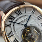 Cartier Drive Tourbillon Watch Dial Guiloche Motif Leather Strap 41mm