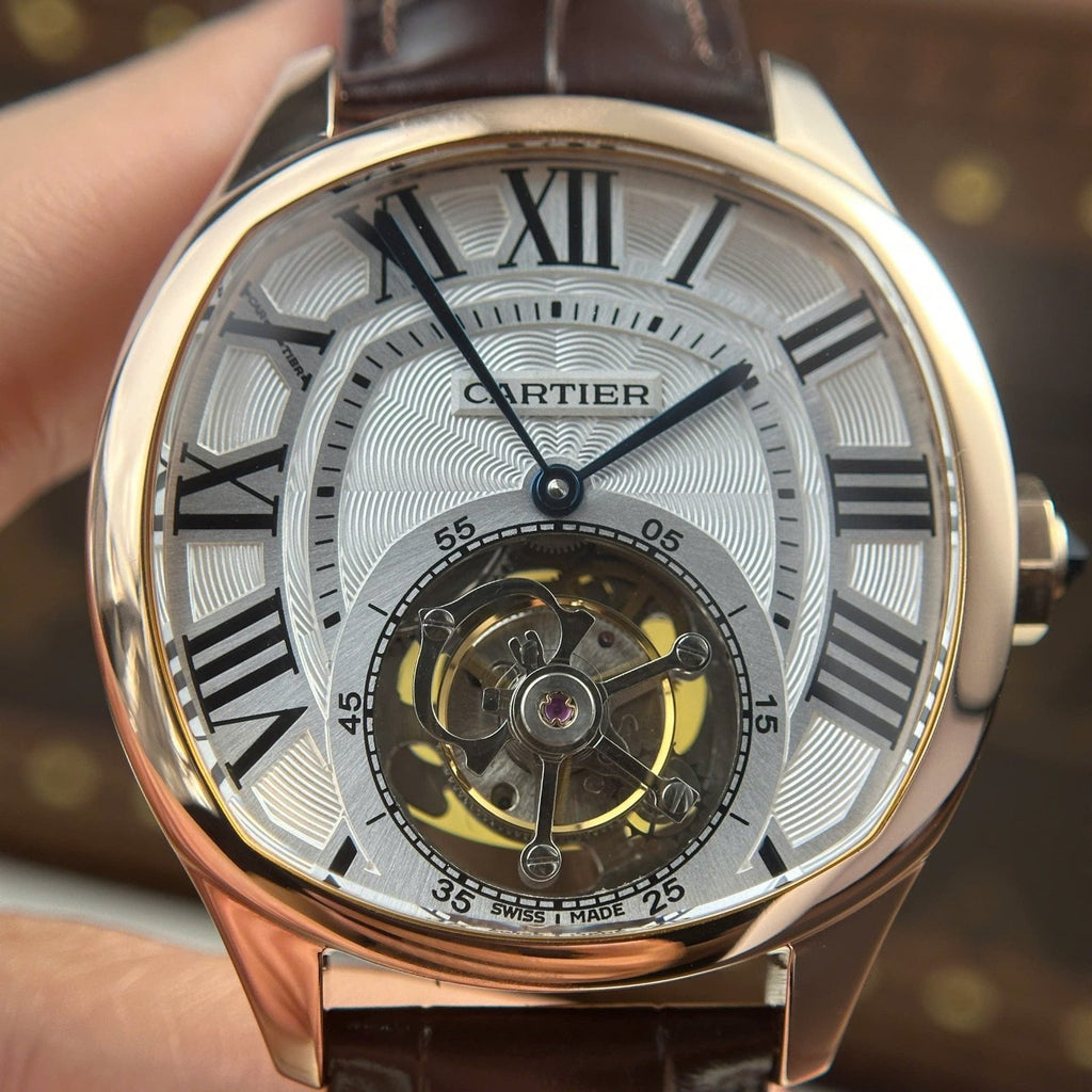 Cartier Drive Tourbillon Watch Dial Guiloche Motif Leather Strap 41mm