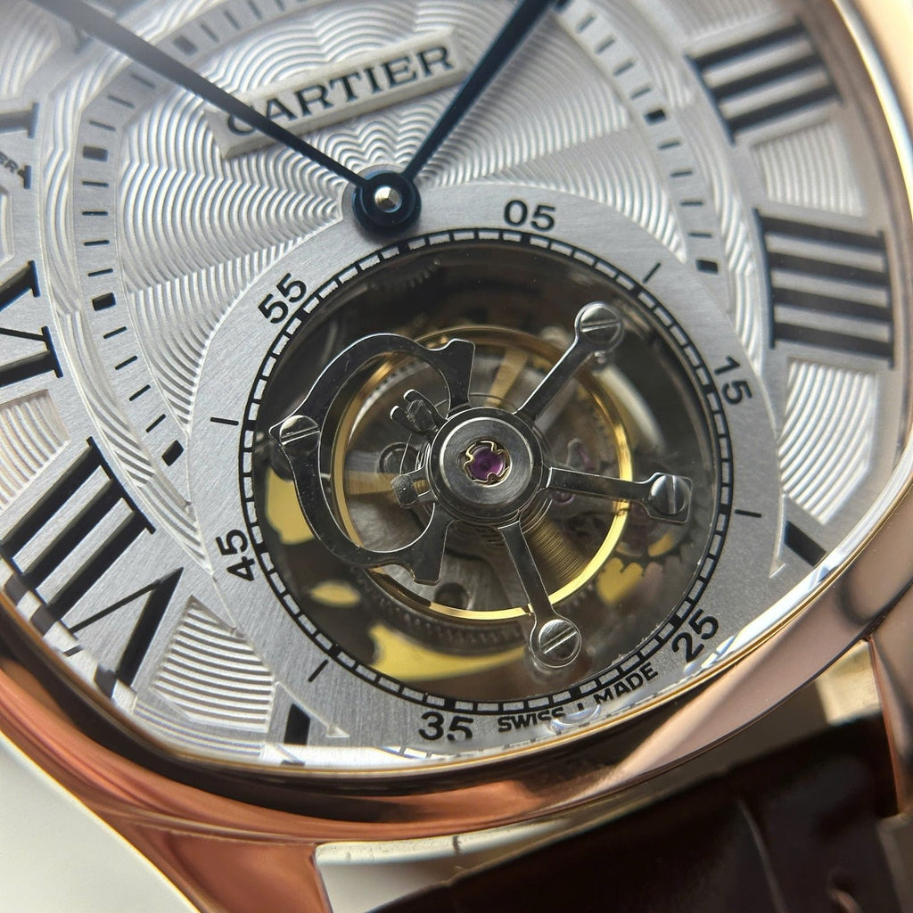 Cartier Drive Tourbillon Watch Dial Guiloche Motif Leather Strap 41mm