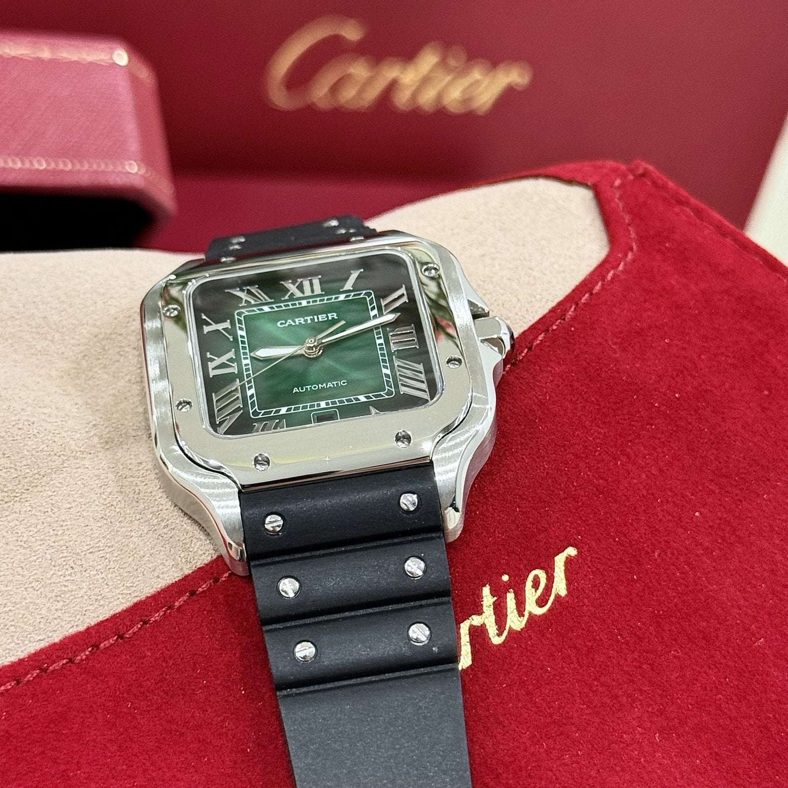 Cartier Watch Santos WSSA0061 Green Dial Rubber Strap 39.8mm