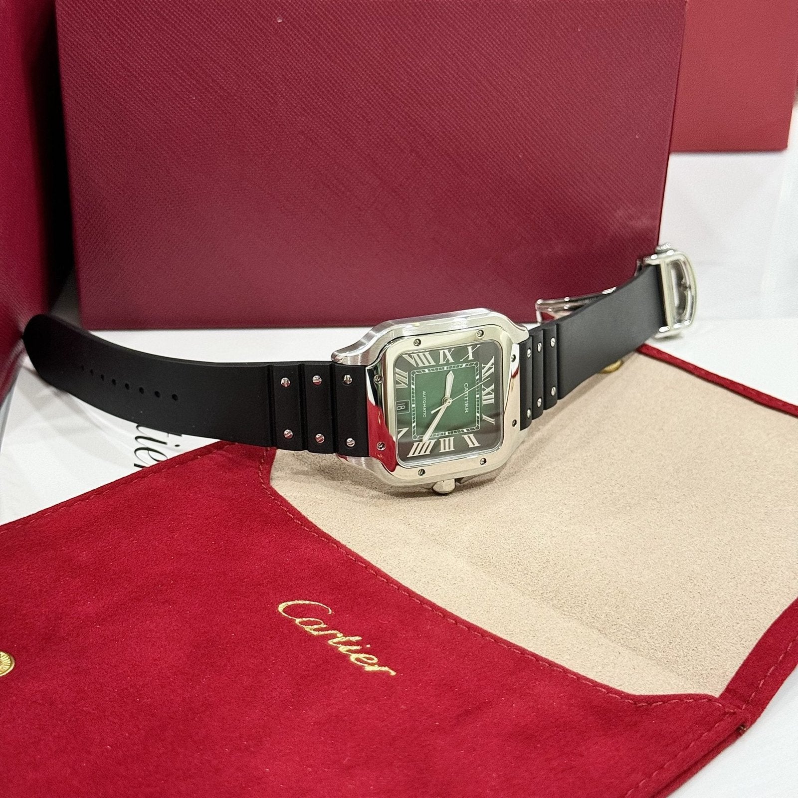 Cartier Watch Santos WSSA0061 Green Dial Rubber Strap 39.8mm