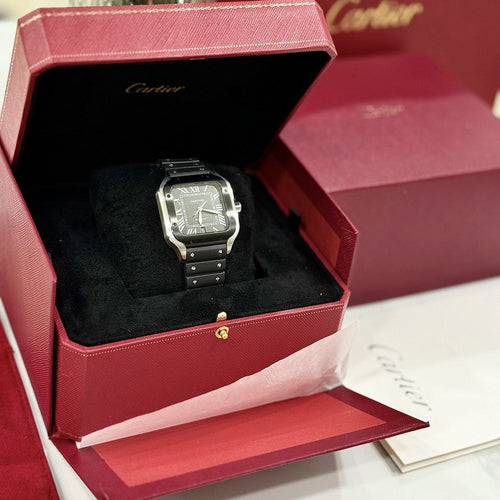 Cartier Watch Santos Black Dial Roman Numeral Pile 39.8mm