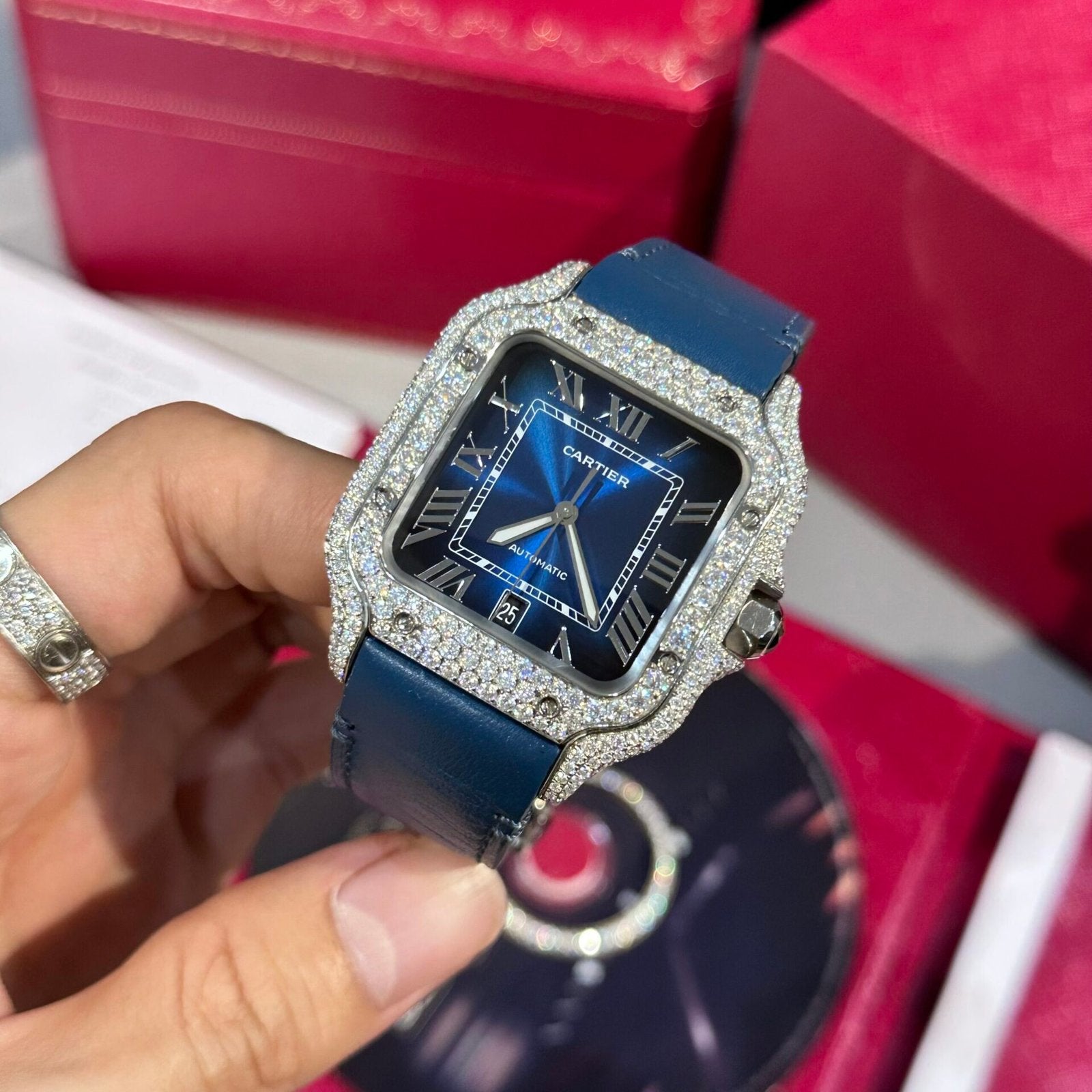 Cartier Santos Watch Blue Dial Moissanite Diamonds 39.8mm