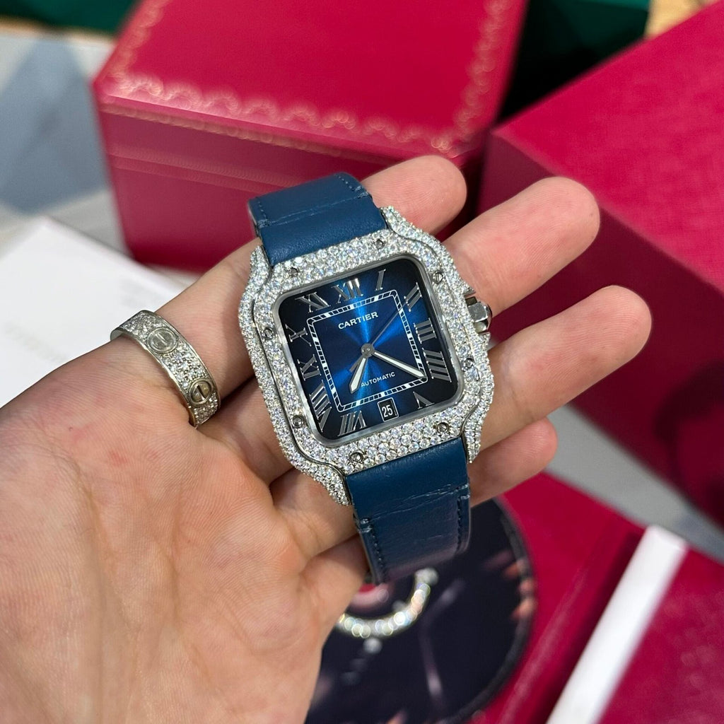 Cartier Santos Watch Blue Dial Moissanite Diamonds 39.8mm