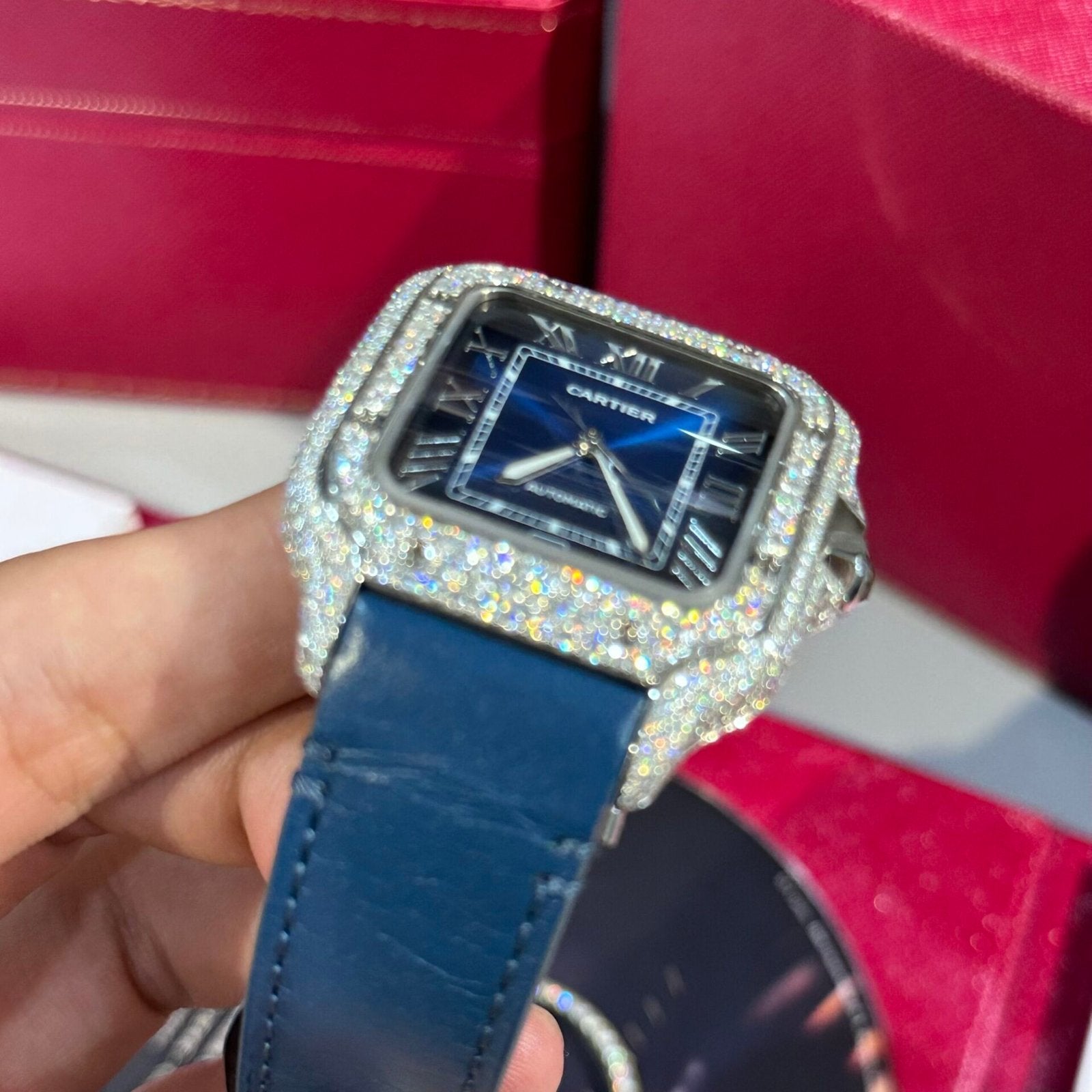 Cartier Santos Watch Blue Dial Moissanite Diamonds 39.8mm