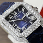 Cartier Santos Watch Dial Blue Diamonds Moissanite 39.8mm