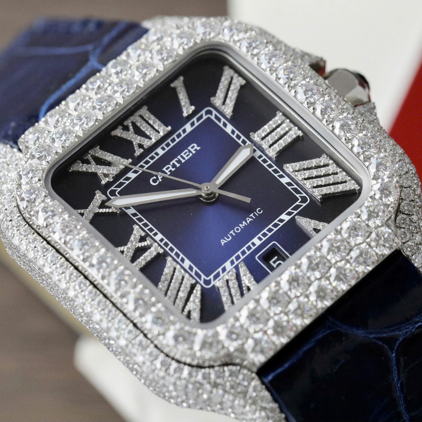 Cartier Santos Watch Dial Blue Diamonds Moissanite 39.8mm