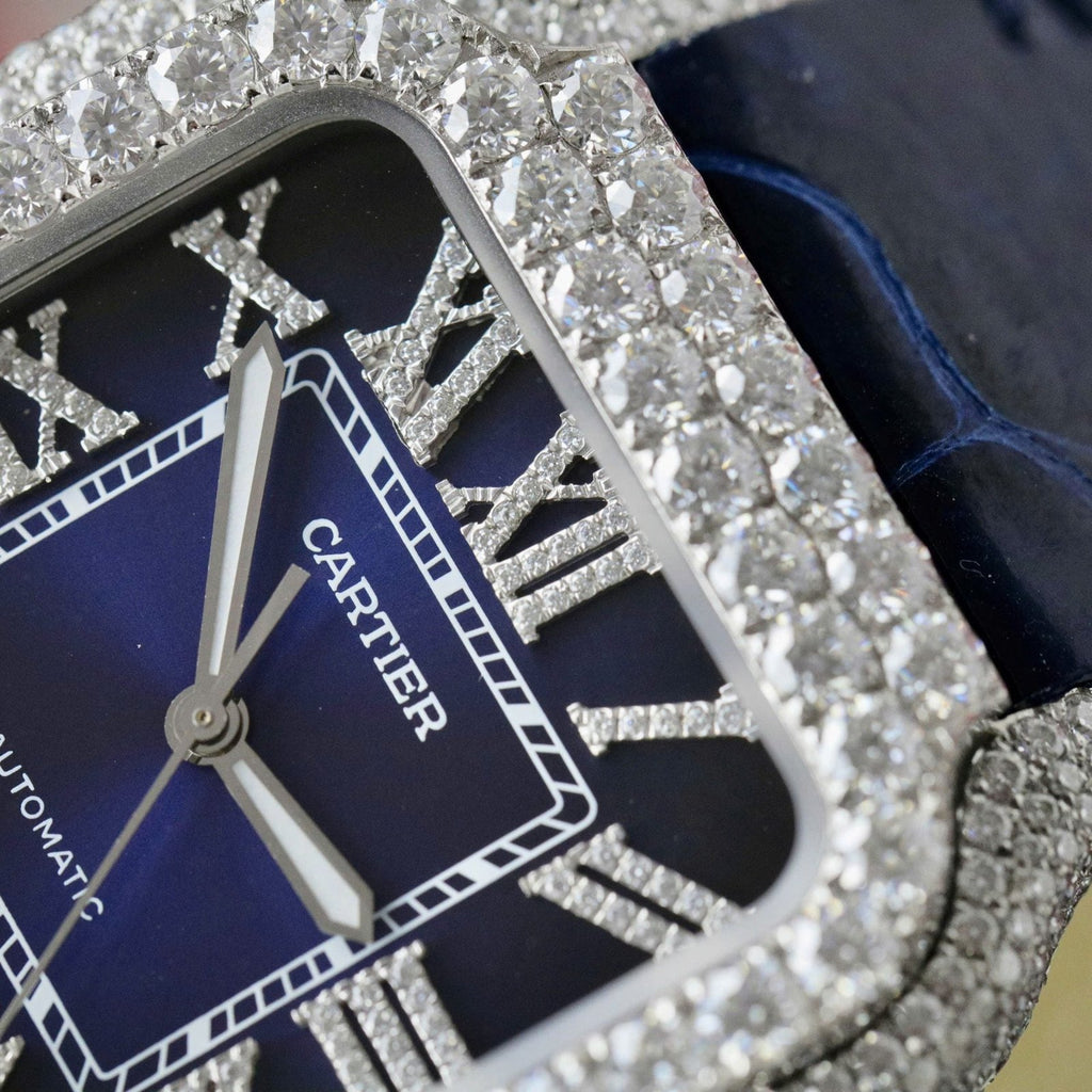 Cartier Santos Watch Dial Blue Diamonds Moissanite 39.8mm
