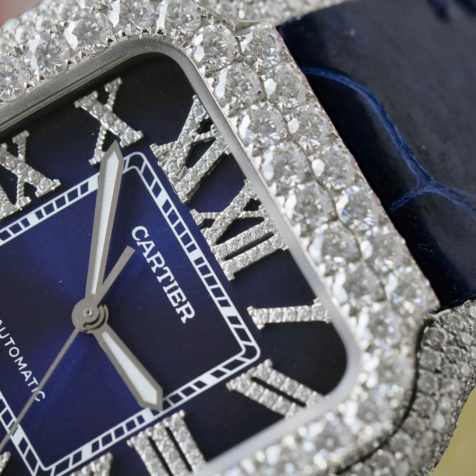 Cartier Santos Watch Dial Blue Diamonds Moissanite 39.8mm