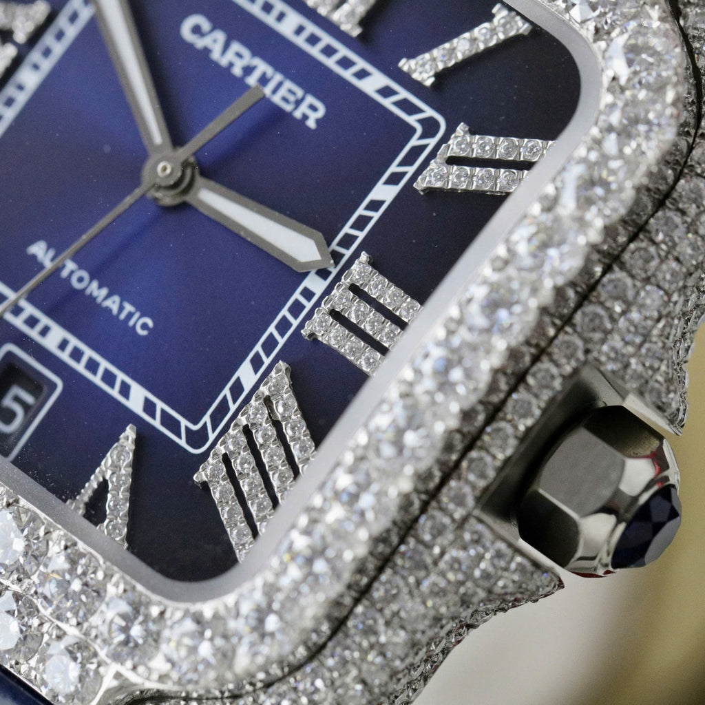 Cartier Santos Watch Dial Blue Diamonds Moissanite 39.8mm