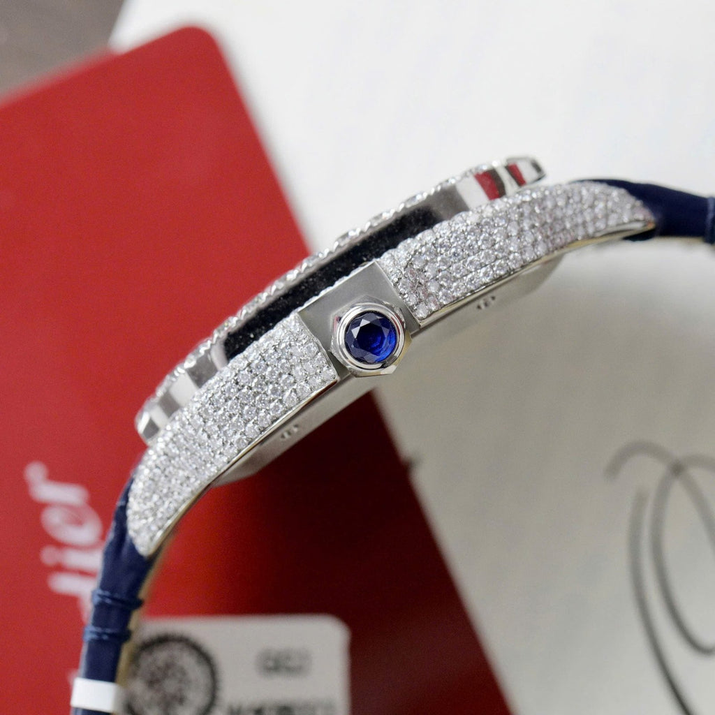 Cartier Santos Watch Dial Blue Diamonds Moissanite 39.8mm