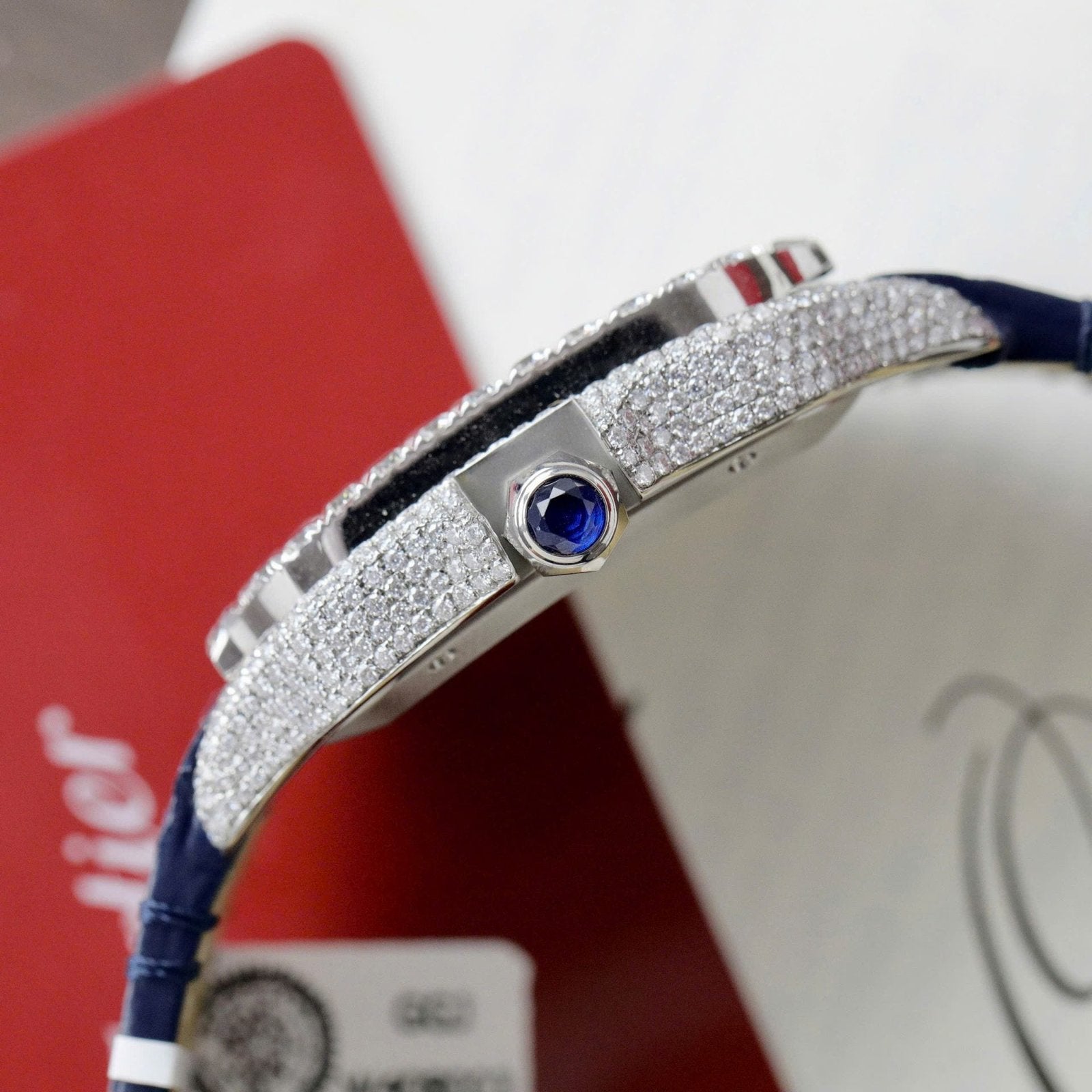 Cartier Santos Watch Dial Blue Diamonds Moissanite 39.8mm