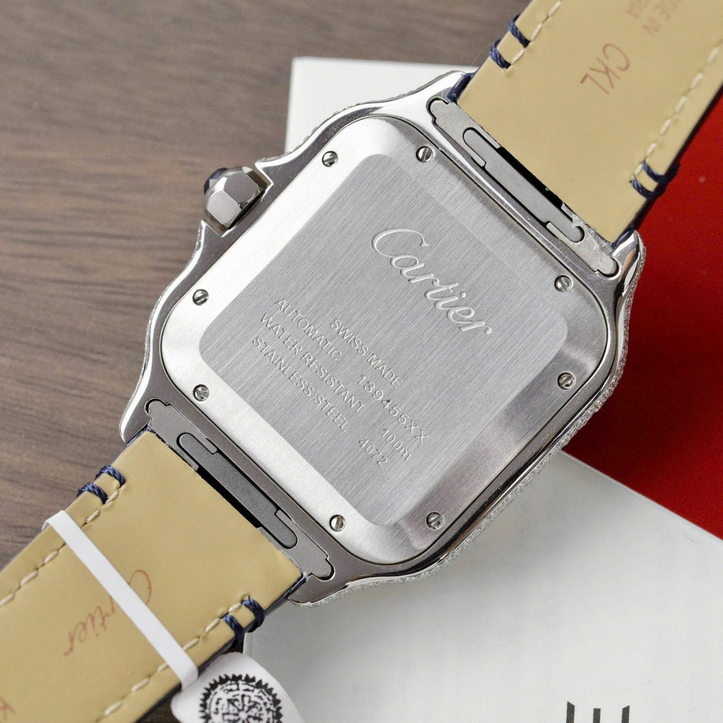 Cartier Santos Watch Dial Blue Diamonds Moissanite 39.8mm