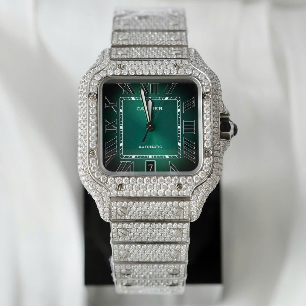 Cartier Santos Green Dial Watch Diamonds Moissanite 39.8mm