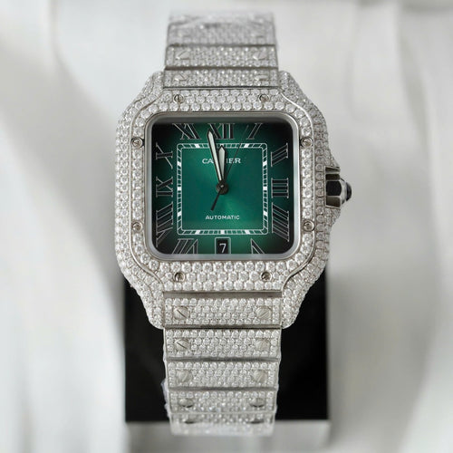 Cartier Santos Green Dial Watch Diamonds Moissanite 39.8mm