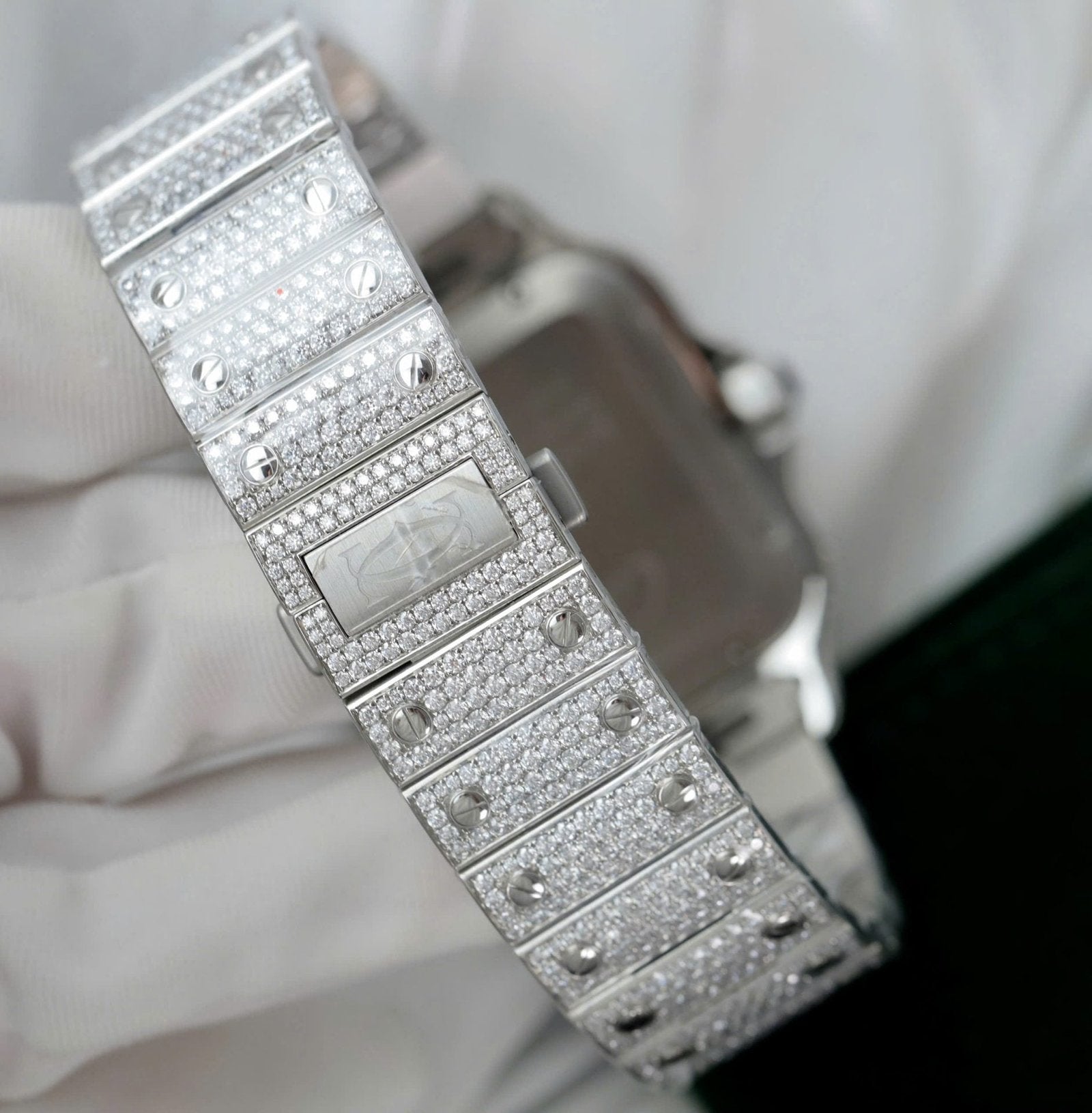 Cartier Santos Green Dial Watch Diamonds Moissanite 39.8mm
