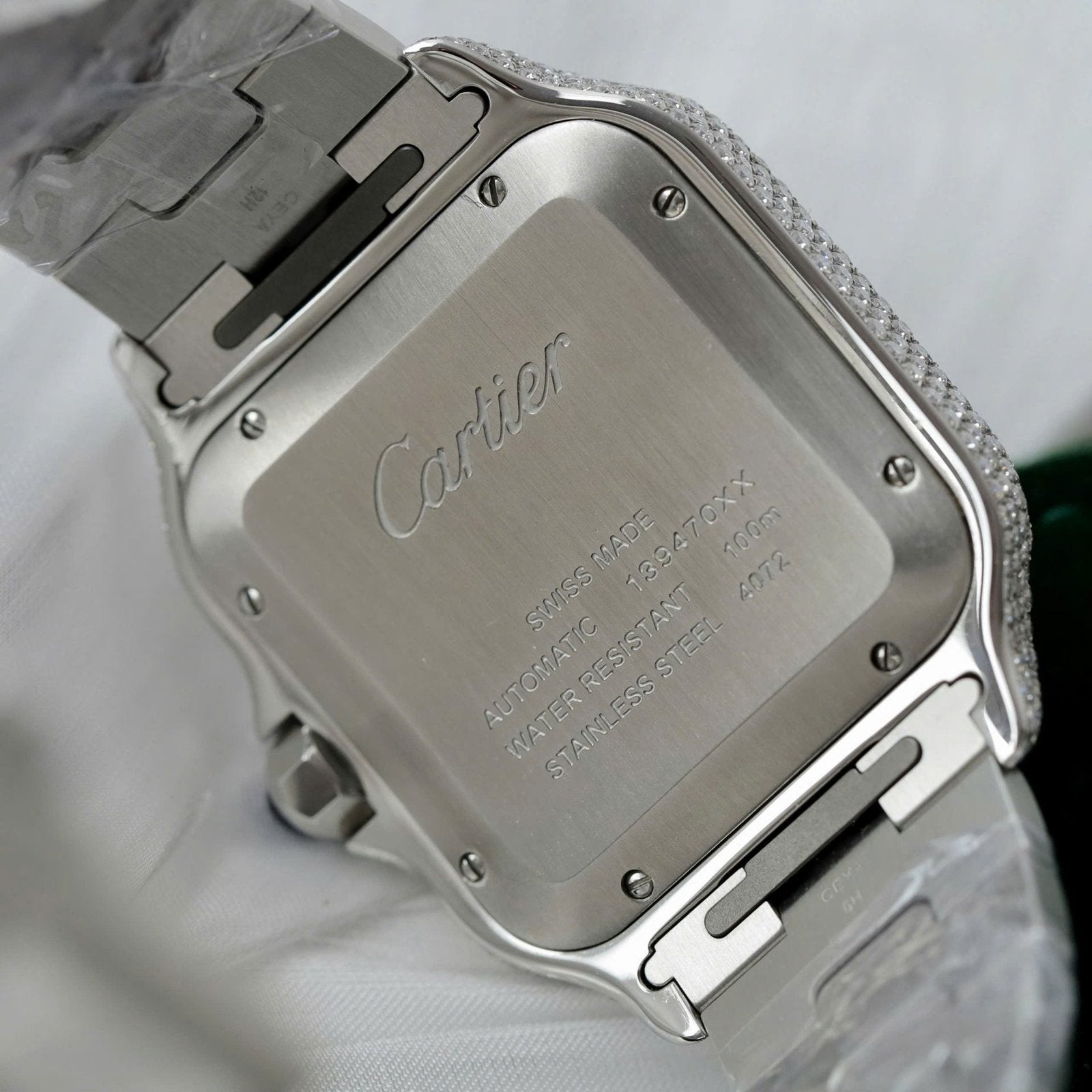 Cartier Santos Green Dial Watch Diamonds Moissanite 39.8mm