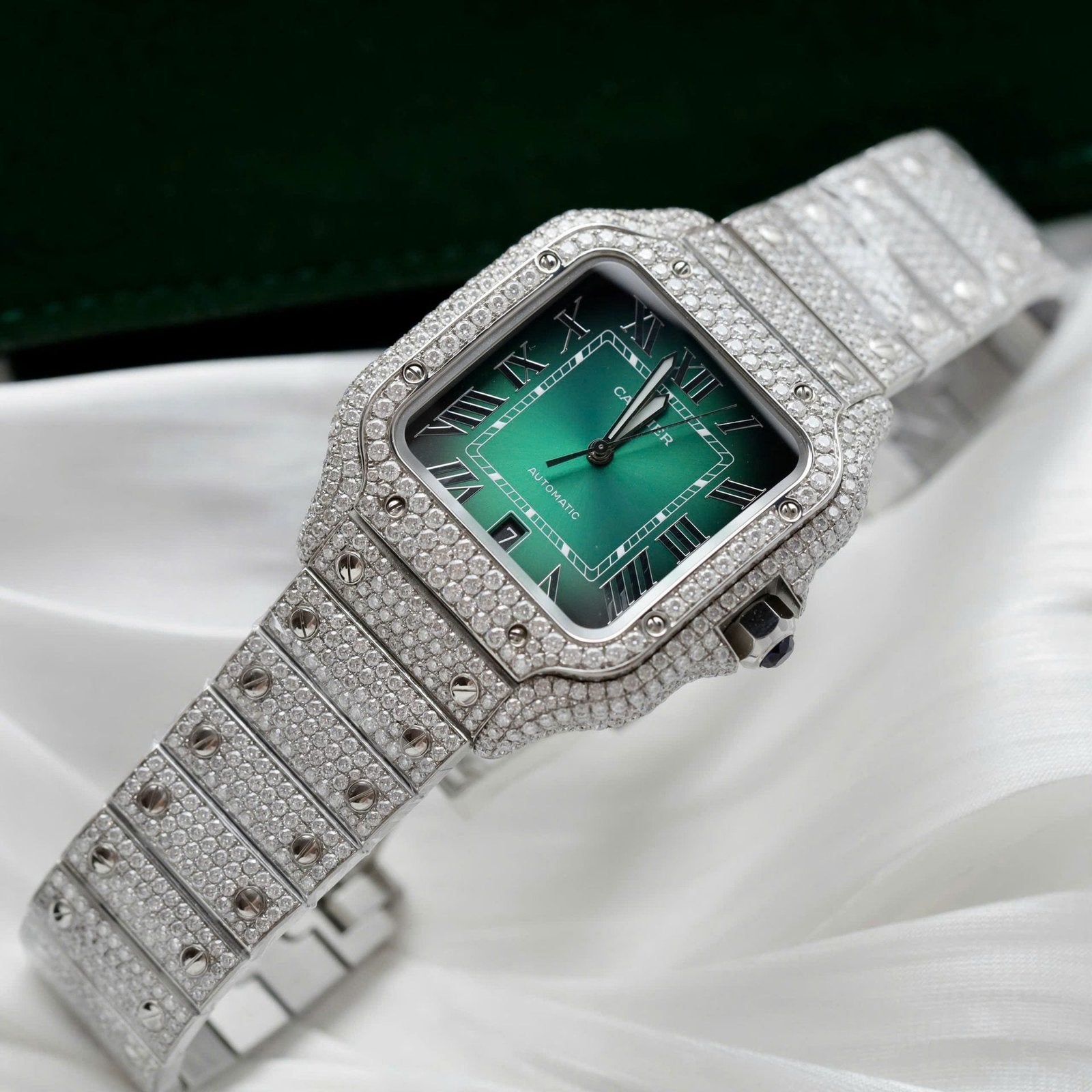Cartier Santos Green Dial Watch Diamonds Moissanite 39.8mm