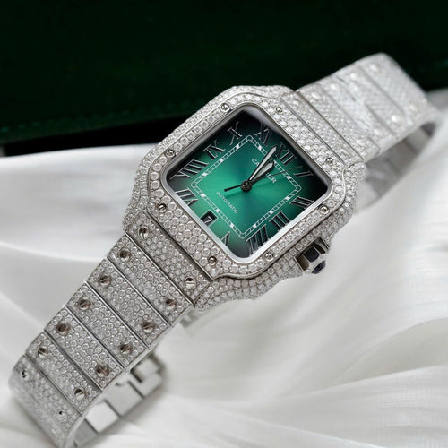 Cartier Santos Green Dial Watch Diamonds Moissanite 39.8mm