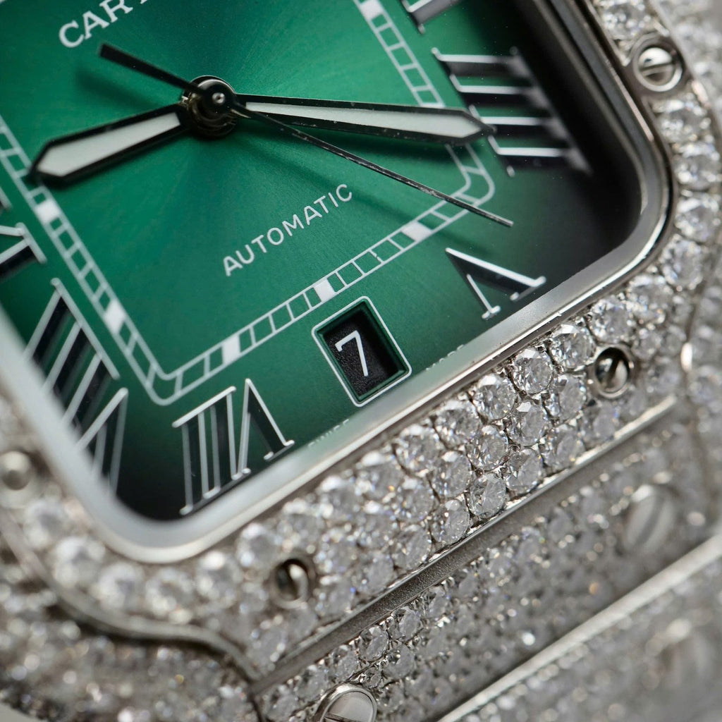 Cartier Santos Green Dial Watch Diamonds Moissanite 39.8mm